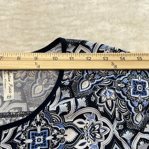 PerSeption Womens Blue Floral Print Tunic Top Blouse Size Medium Roll Tab Sleeve - Picture 8 of 10